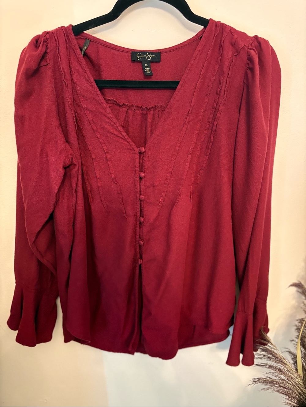 Jessica Simpson peplum puff sleeve Red Button-Front boho Sleeve XL
